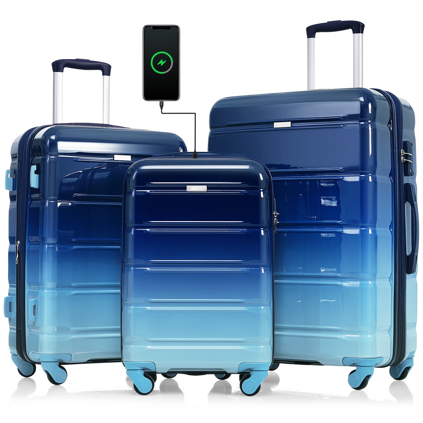 Luggage Set Of 3, 20-inch With USB Port, Airline Certified Carry-on Luggage  , ABS PC Hard Shell Luggage With Spinner Wheels, Gradient Blue