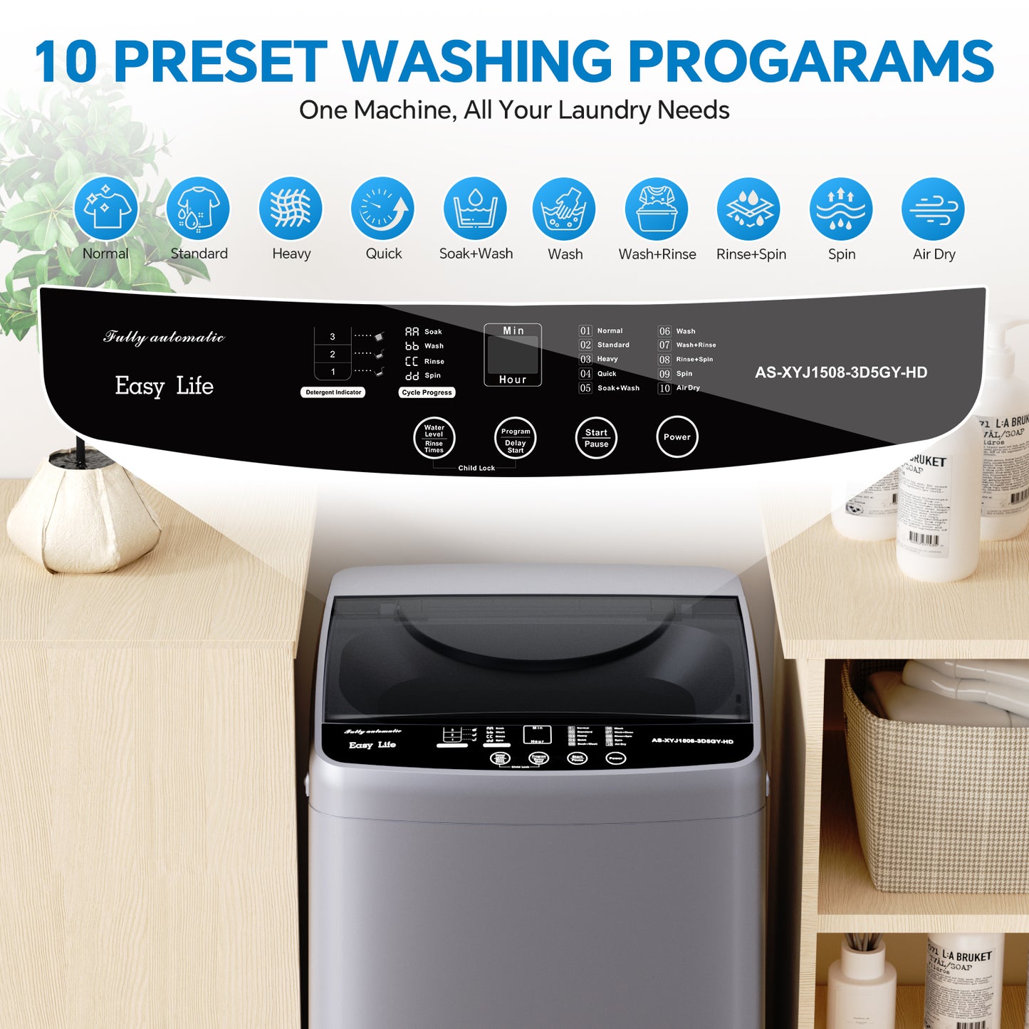 Portable Washing Machine, 7.7 Pounds, Fully Automatic Compact Model, Stainless Steel Tub, 10 Washing Modes, LED Display Screen