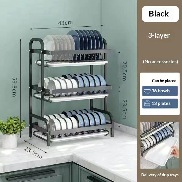 Self-pickup Only- Three Layers Of Black Kitchen Shelf, Dish Rack, Bowl And Plate Storage Rack, Draining Rack, Household Multi-functional Bowl And Chopsticks Storage Shelf--Color  Black