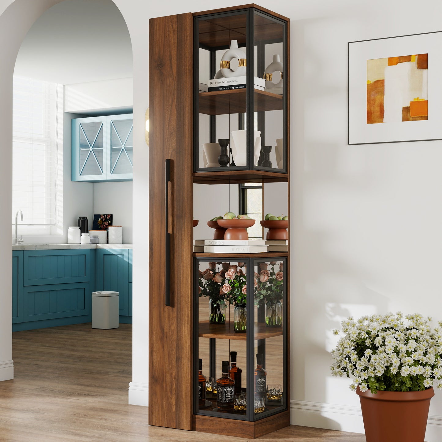 70 Display Cabinet With Glass Doors And Lights, With Multi-functional Pull-out Multi-tier Storage Shelf , Wooden Display Storage Cabinets