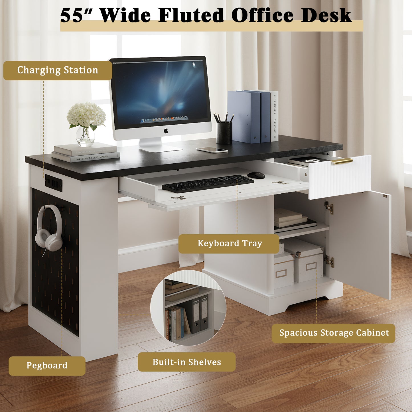 55 Modern Fluted Office Desk With Storage Cabinet  Drawers, Computer Writing Desk With Power Outlet, Pegboard, Built-in Shelves And Keyboard Tray For Study, Living Room, Home Office, White