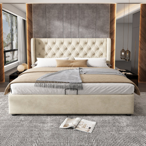 Upholstered Bed, With Hydraulic Lever, Functional Bed From Storage, 135 X 190 Cm, Without Mattress, Velvet, Beige