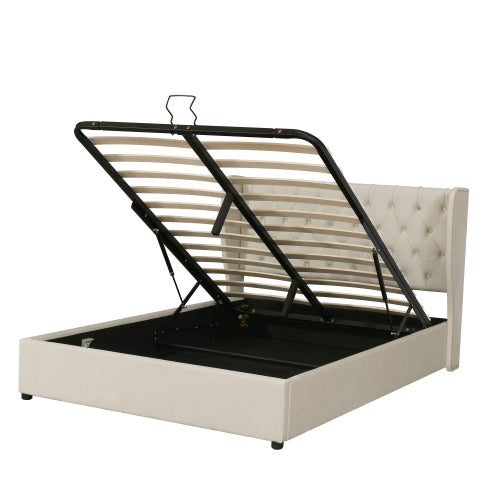 Upholstered Bed, With Hydraulic Lever, Functional Bed From Storage, 135 X 190 Cm, Without Mattress, Velvet, Beige