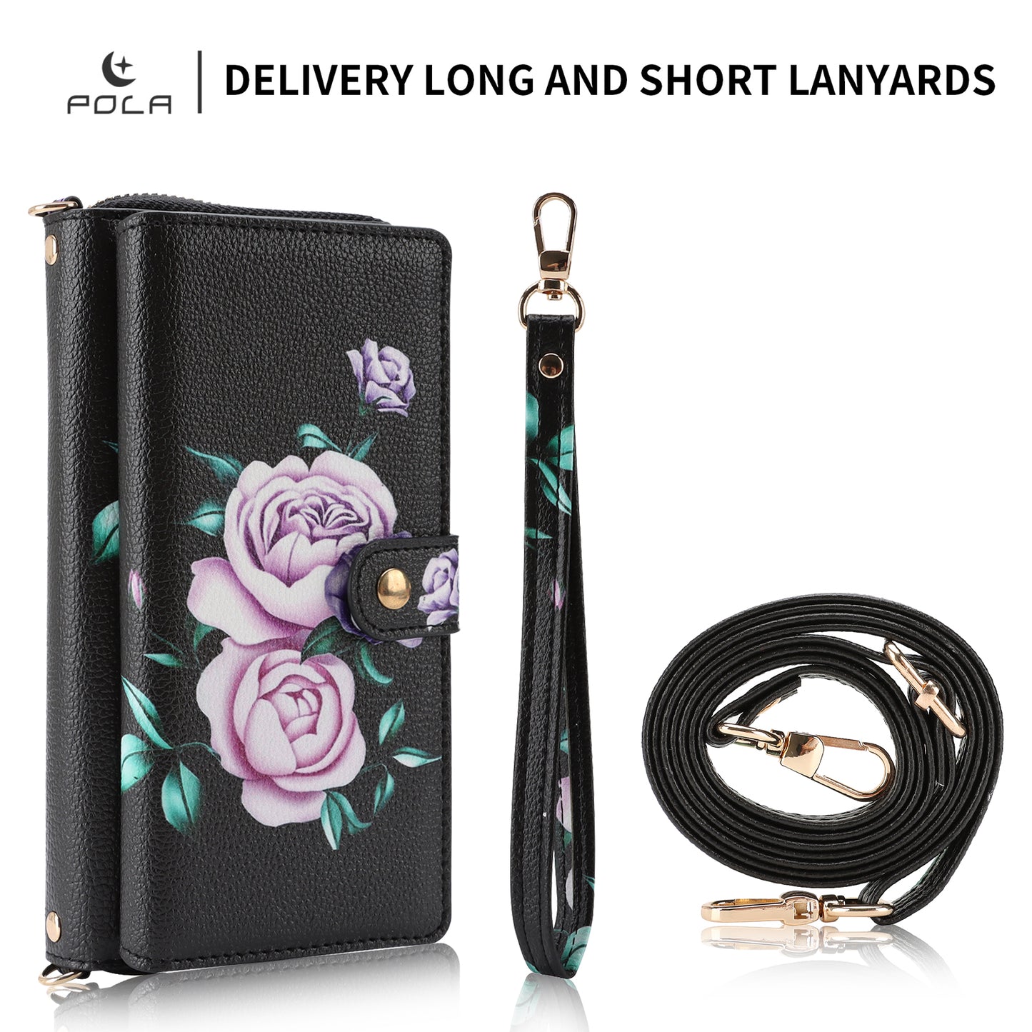 Crossbody Wallet Case For Phone 17 Pro Max 6.9 Inch Magnetic Detachable Floral PU Leather Phone Case With RFID Blocking Card Holder Wristlet Mirror Flip Zipper Shoulder Purse For Women