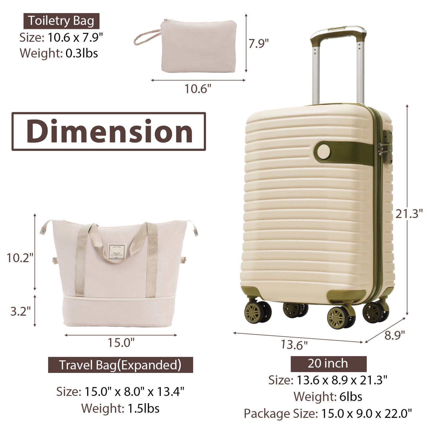 Luggage Sets 3 Piece Carry On Luggage 22x14x9 Airline Approved, Lightweight Hardshell ABS Suitcases With Wheels, 20 Inch, White Green