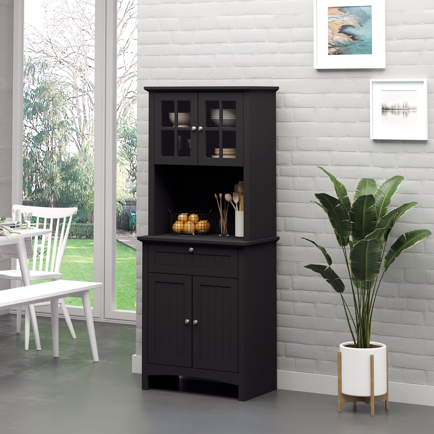 Elegant Buffet With Hutch, Kitchen Pantry Storage Cabinet With Framed Glass Door Drawer And Microwave Space, Black