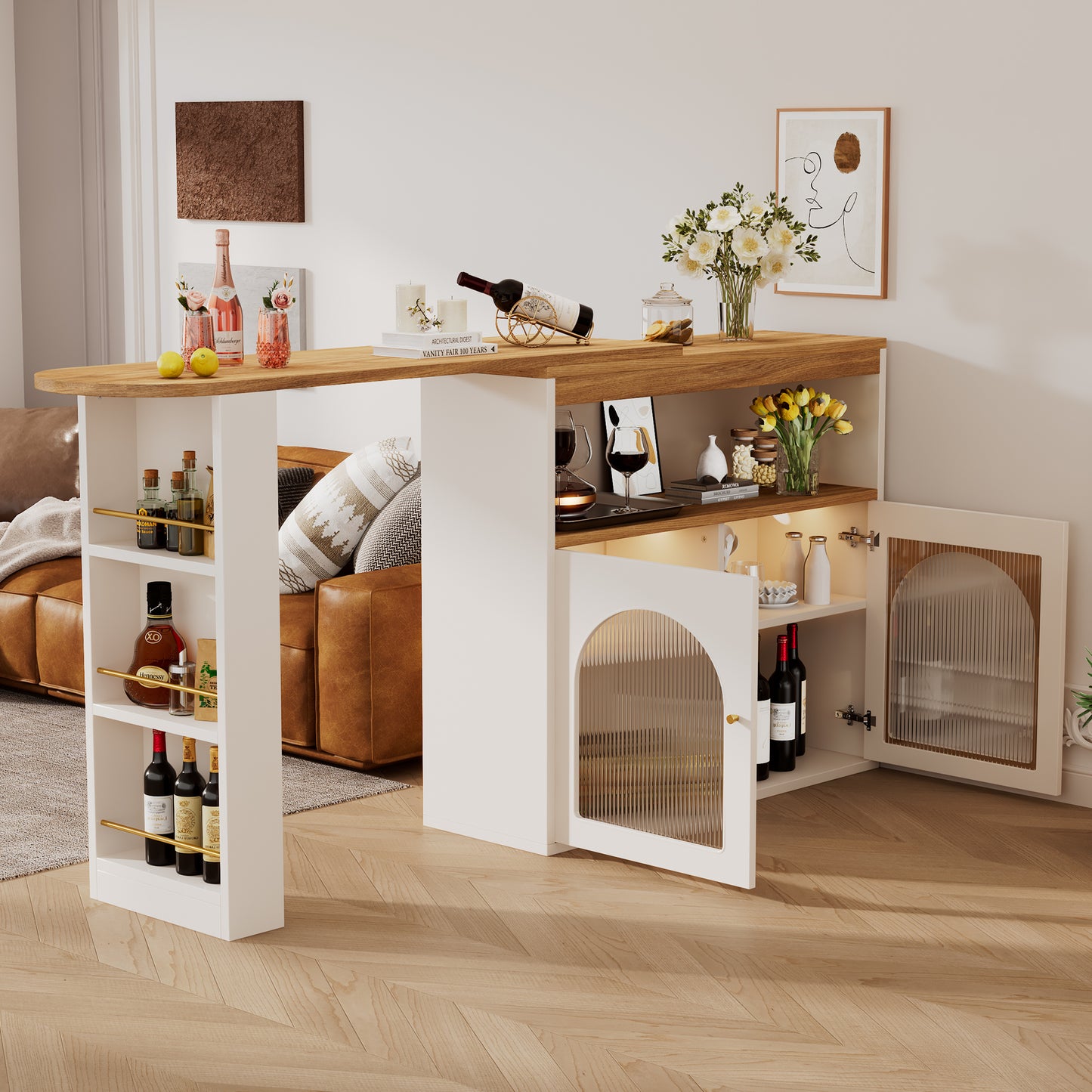 Modern Extendable Kitchen Island Table 138-193X39X105CM Extendable Dining Table With Storage, Bar Bistro Table, Swivel, For Dining Room, With 1m LED Strip Adjustable Light Colour, White