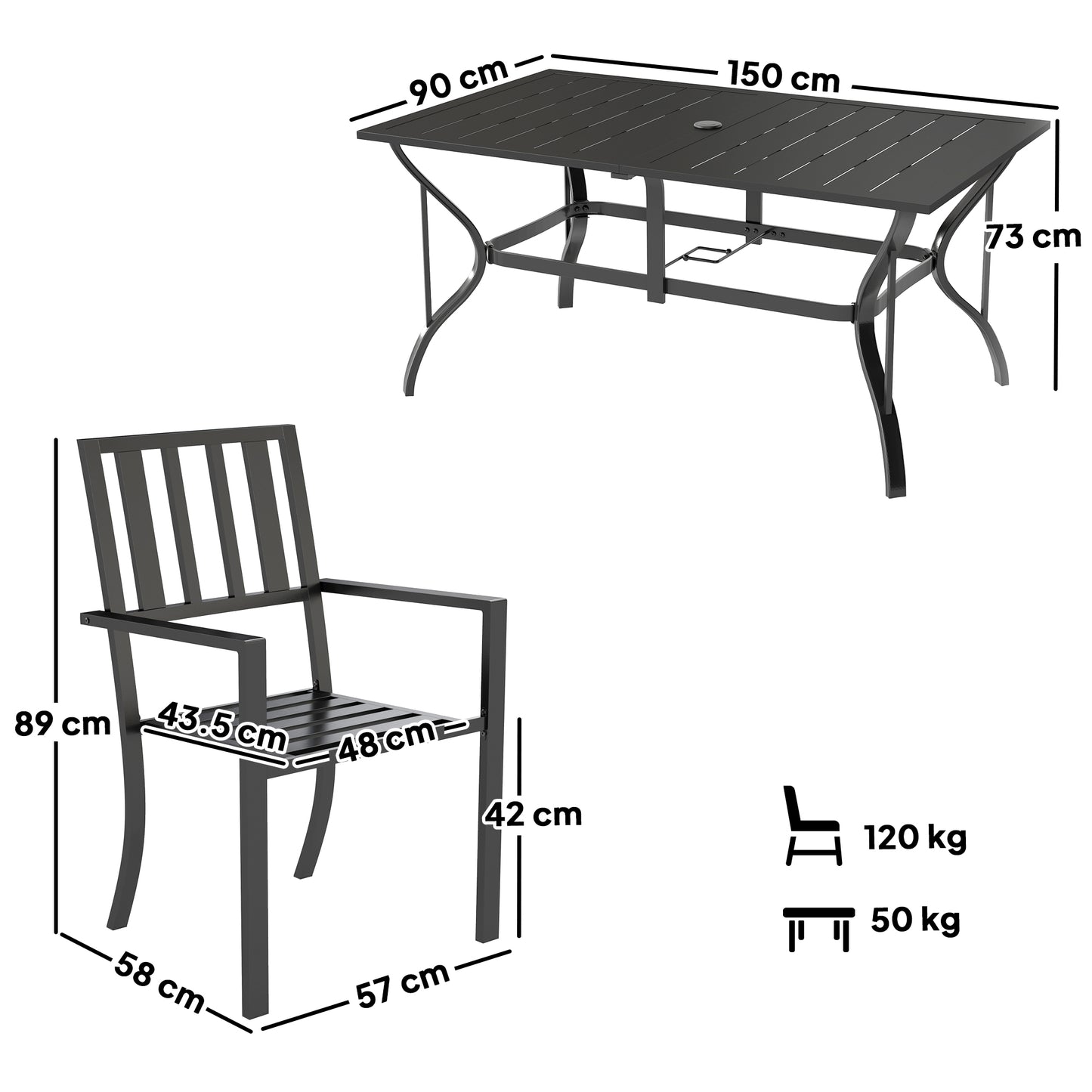 7 Pieces Garden Table And Chairs 6 Seater Outdoor Table And Chairs With Umbrella Hole, For Poolside, Garden, Black