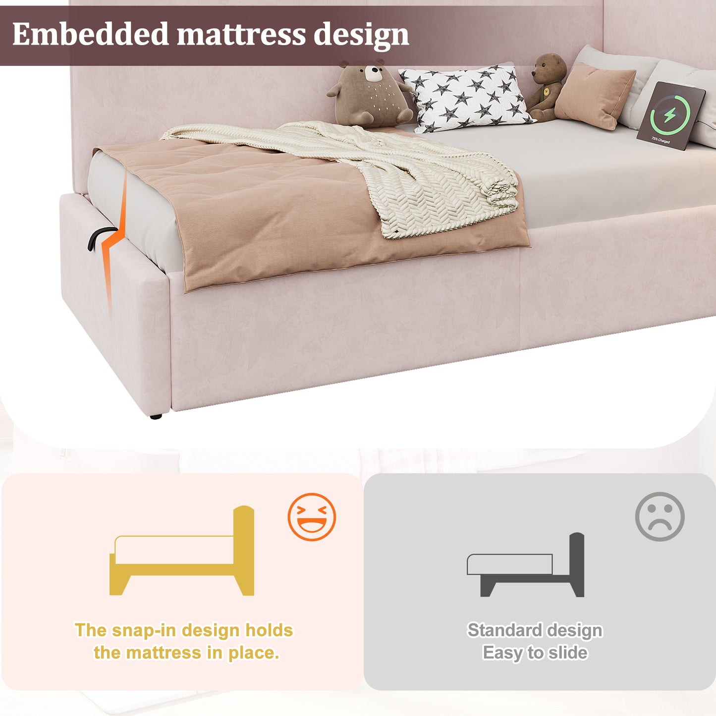 Daybed,  3FT Single Bed 90x190cm, L-shaped Upholstered With Storage, Sofa Bed, Hydraulic Bed With USB Charging Port And Reading Lamp, Velvet, Pink
