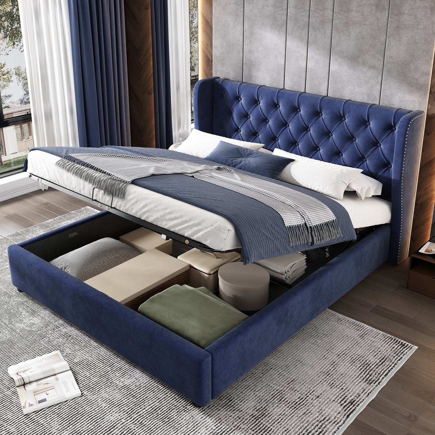 Upholstered Bed, With Hydraulic Lever, Functional Bed From Storage, 135 X 190 Cm, Without Mattress, Velvet, Blue
