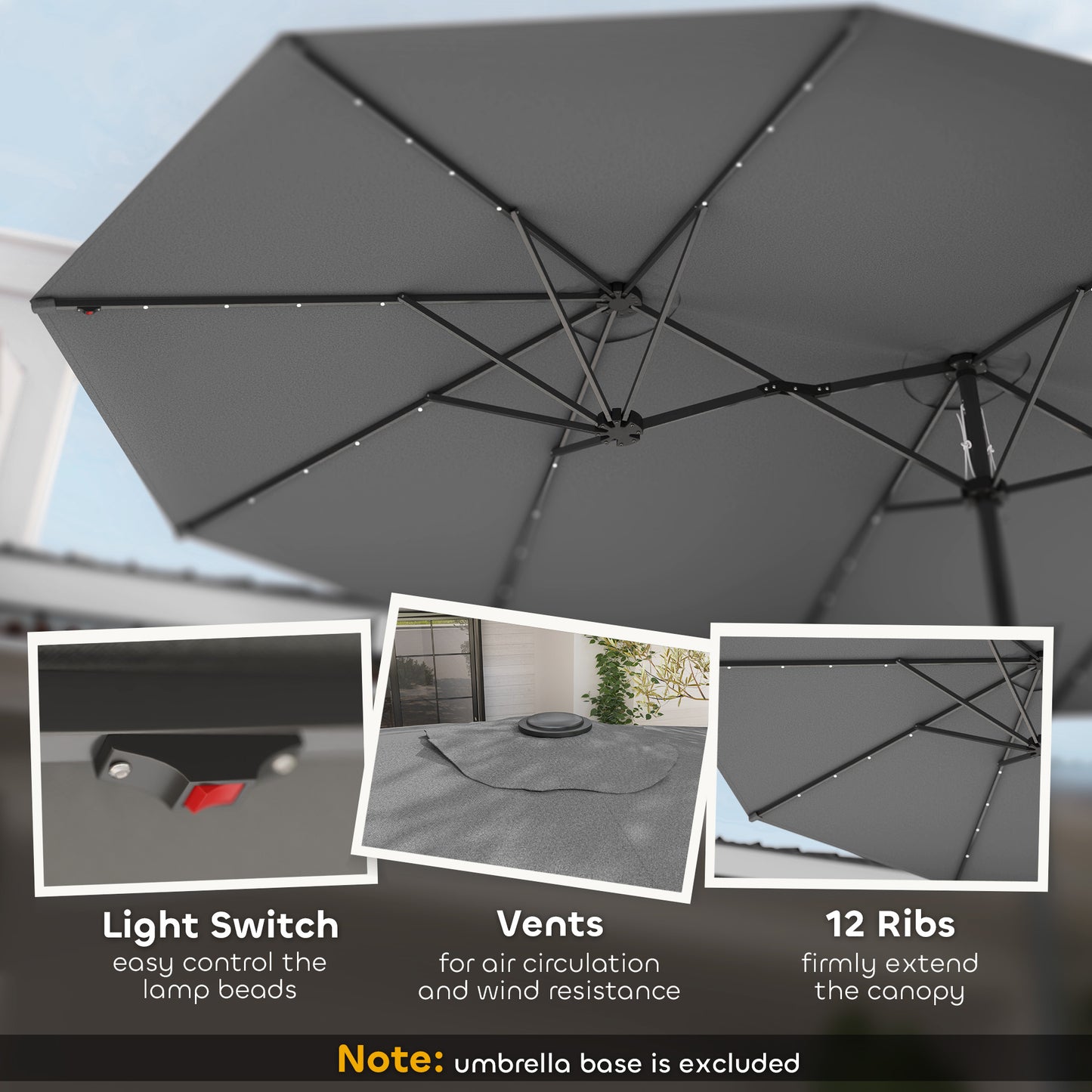 Garden Parasol, Double-Sided Sun Umbrella With LED Solar Lights, Patio Parasol For Outdoor, Gray