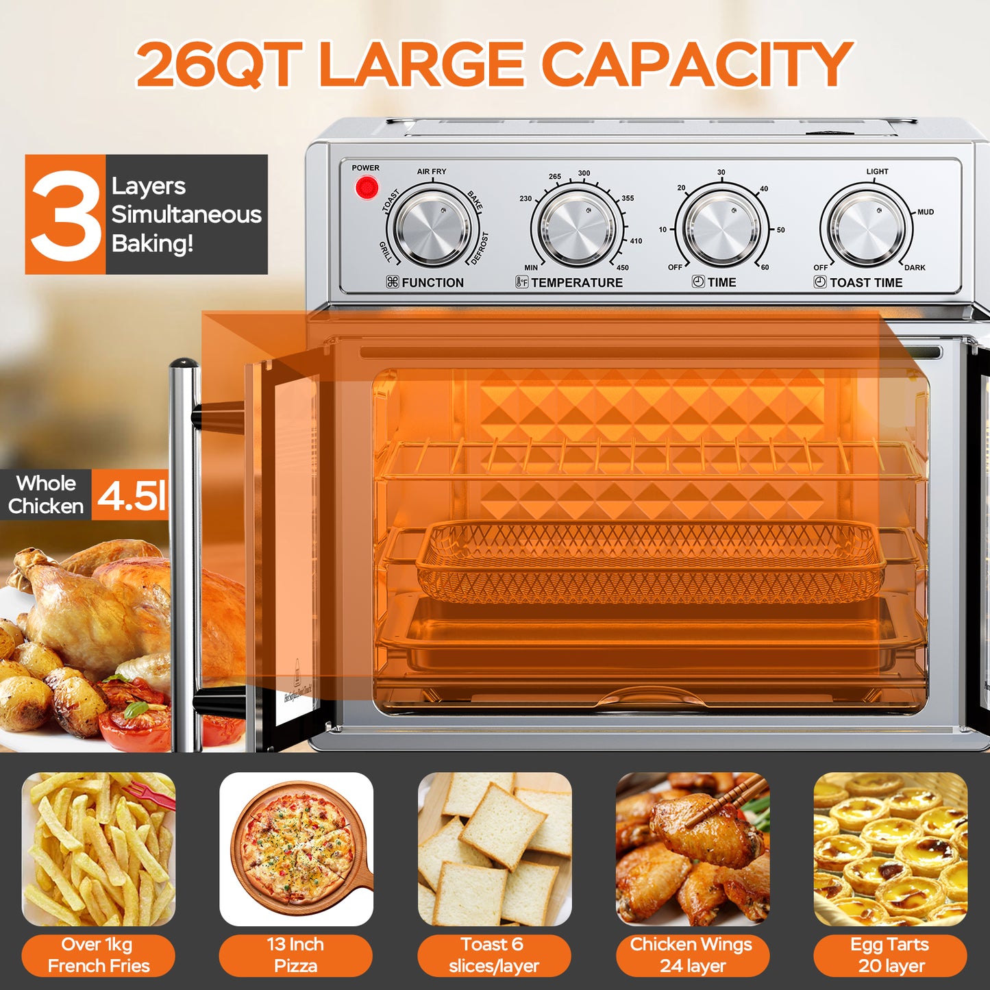 29.5 QT Air Fryer Convection Toaster Oven, French Door, 6 Slices, 1700W, Multifunction Oven, Air Fryer, Toast, Grill, Defrost, Bake, Time And Temperature Controls, Silver, Amazon Resale Prohibited