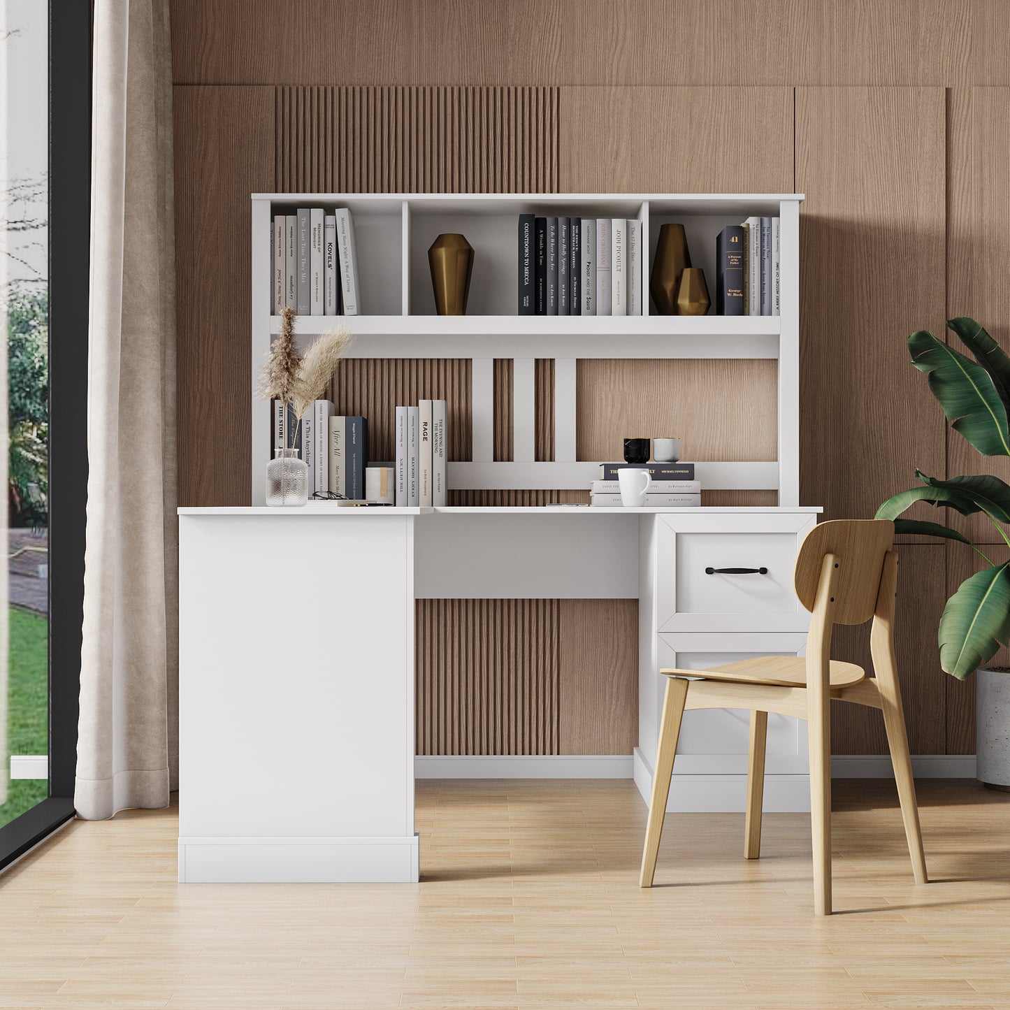 Home Office Computer Desk With Hutch, Antiqued White Finish