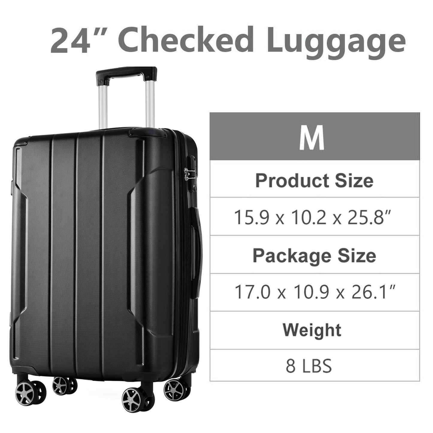Hardshell Luggage, Lightweight Durable ABS Suitcases With Double Wheels, Expandable 24 Inch Checked Travel Luggage Black