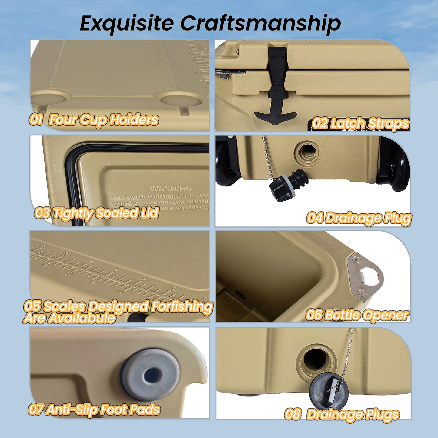 110 Quart Khaki Cooler, Rotomolded Insulated Ice Chest - Heavy-Duty Hard Shell Cooler With 6-10 Day Ice Retention For Camping, Fishing, Tailgating & Outdoor Adventures