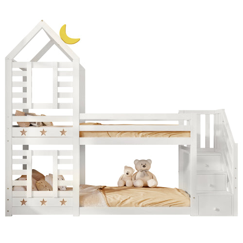 Bunk Bed Storage Children Cabin Bed Single Bed With Window For Kids, Twin Sleeper 190x90 Cm, Solid Pine Wood,3FT -White