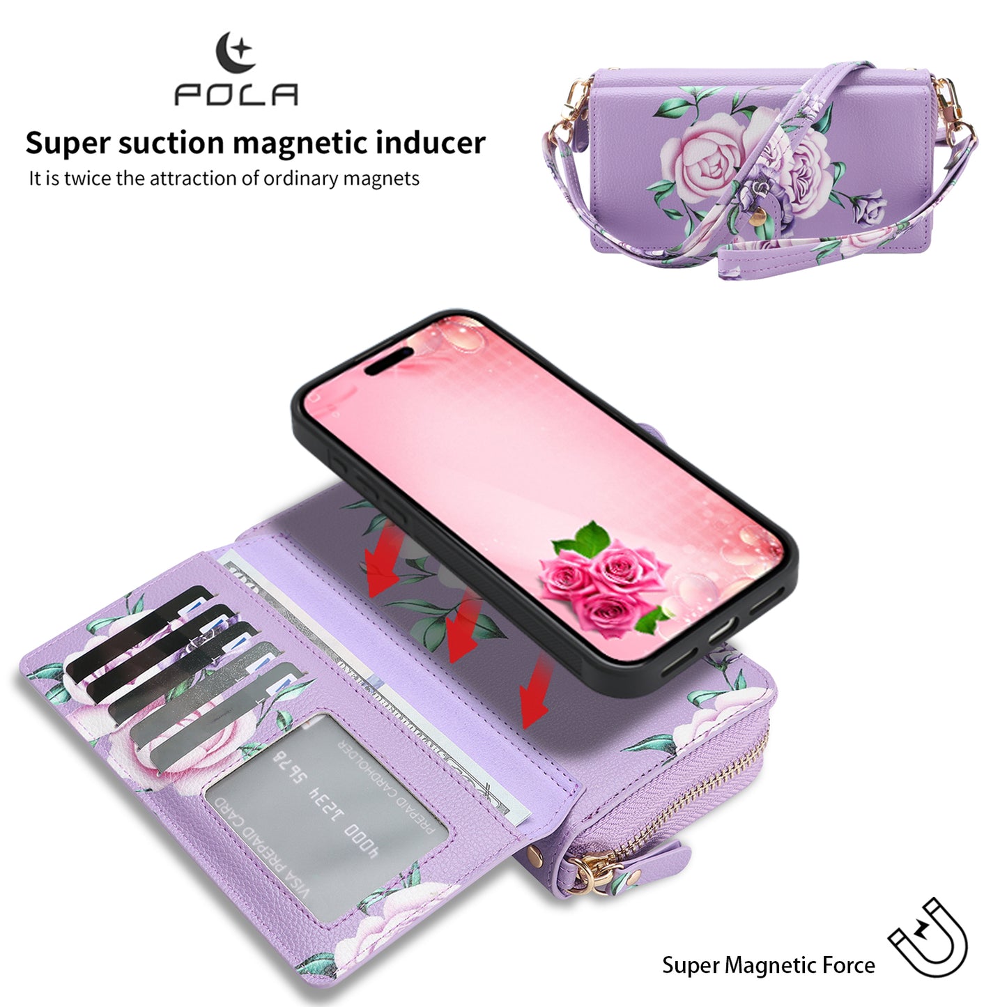 Crossbody Wallet Case For Phone 17 Pro Max 6.9 Inch Magnetic Detachable Floral PU Leather Phone Case With RFID Blocking Card Holder Wristlet Mirror Flip Zipper Shoulder Purse For Women