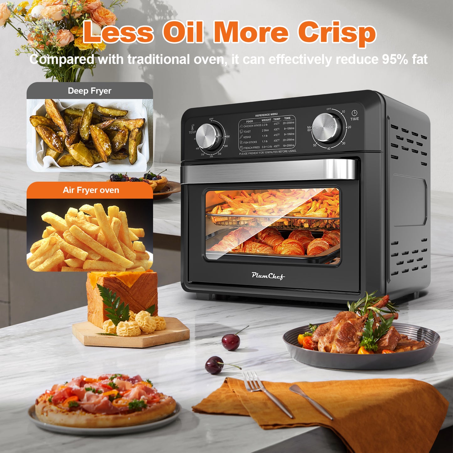 11QT Compact Air Fryer Toaster Oven, 1000W, Convection Countertop, With Reference Menus, 2-Slice Toaster, Adjustable Time And Temperature, Black