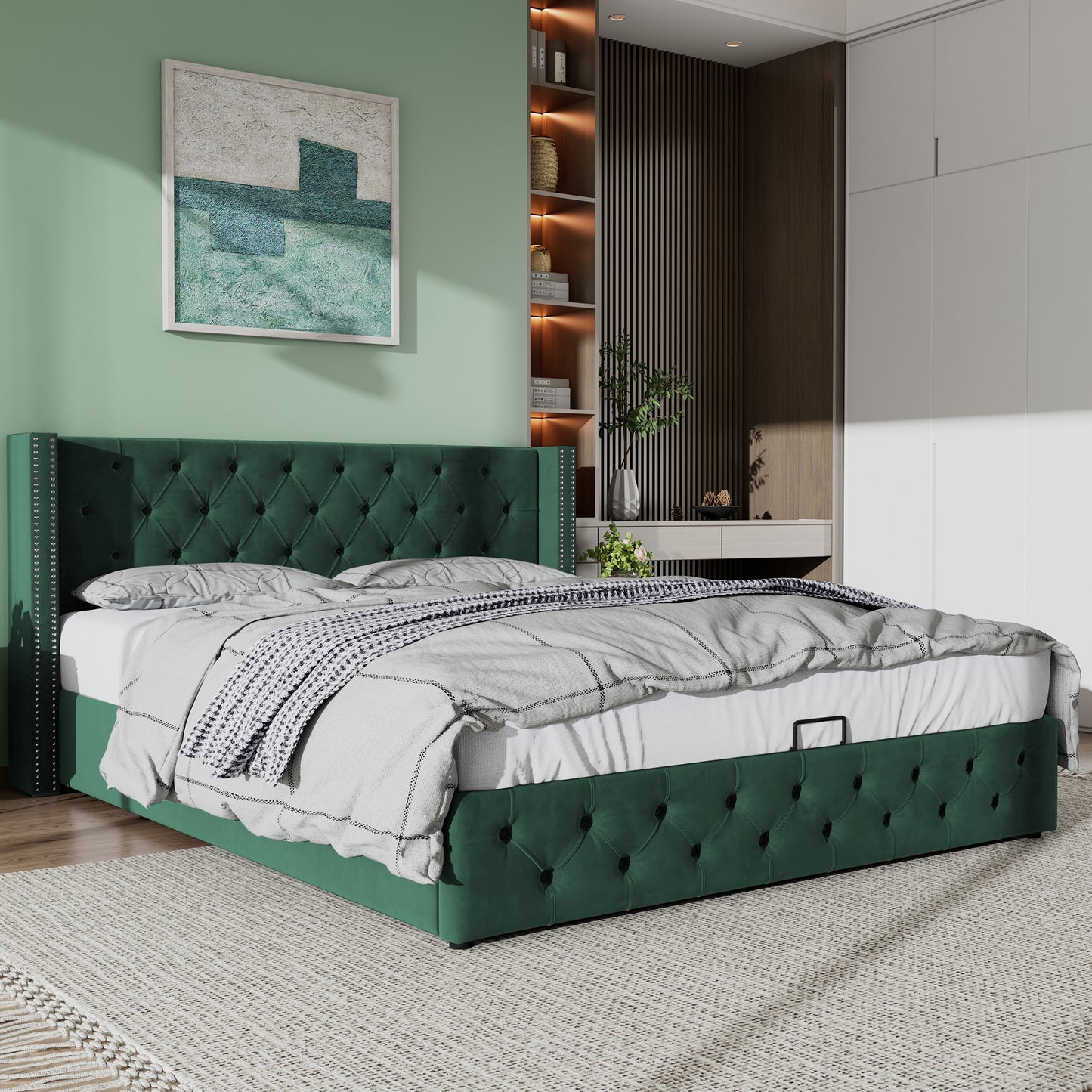 Upholstered Bed, 135x190, With Hydraulic Lever, Functional Bed From Storage,velvet, Green