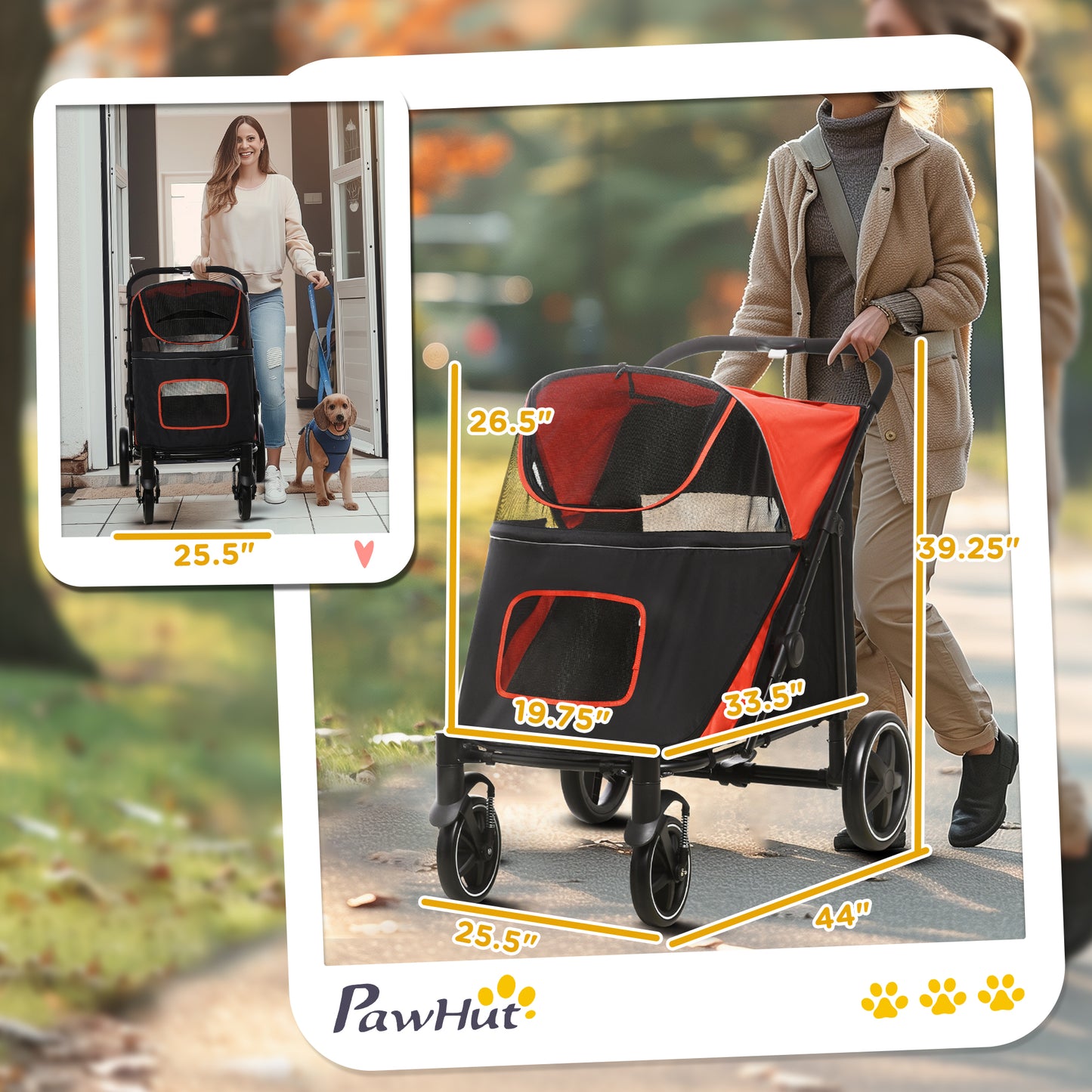 Dog Stroller , One-Click Foldable Pet Stroller, Shock Absorption Wheels, Red