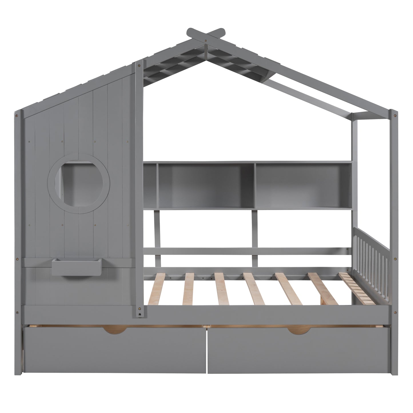 Wooden Full Size House Bed With 2 Drawers,Kids Bed With Storage Shelf, Gray