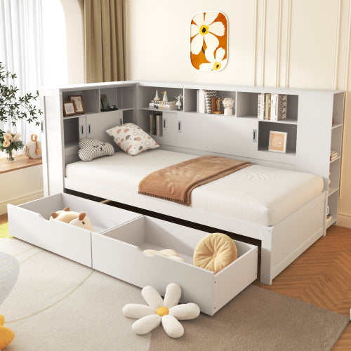 Platform Bed With Trundle  Bookcase  USB,Single Bed-3ft 90x190cm,Household Bed, Multifunctional Bed,with 2 Storage Drawers, Dust-proof Cabinet And Shelves, Large Storage Space,white
