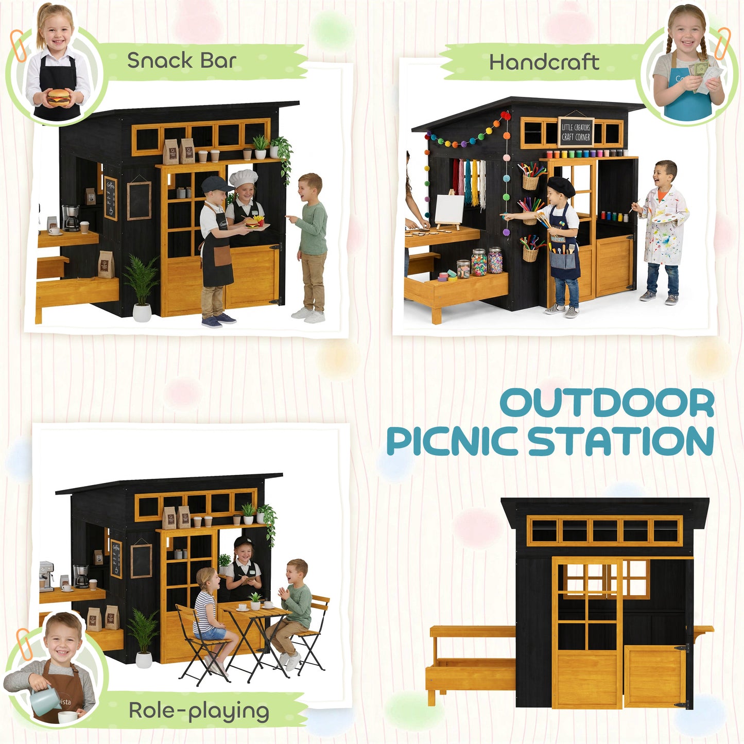 Outdoor Playhouse, Wooden Kids Playhouse w/ Picnic Table & Benches, Chalkboards, Half Door, Windows, for Kids Ages 3-8