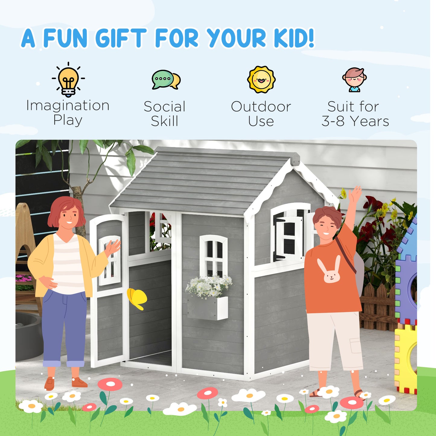 Outdoor Wooden Playhouse for Kids with Floor, Door, Windows, Planter Box for 3-8 Years Old, Backyard, Lawn, Garden