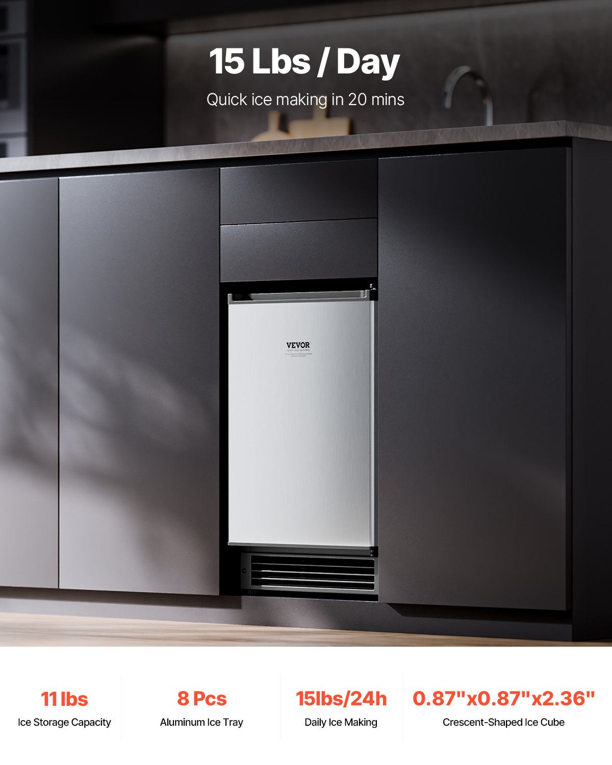 Undercounter Ice Maker 15 Lbs/Day Built-in Ice Maker Machine W/ Reversible Door