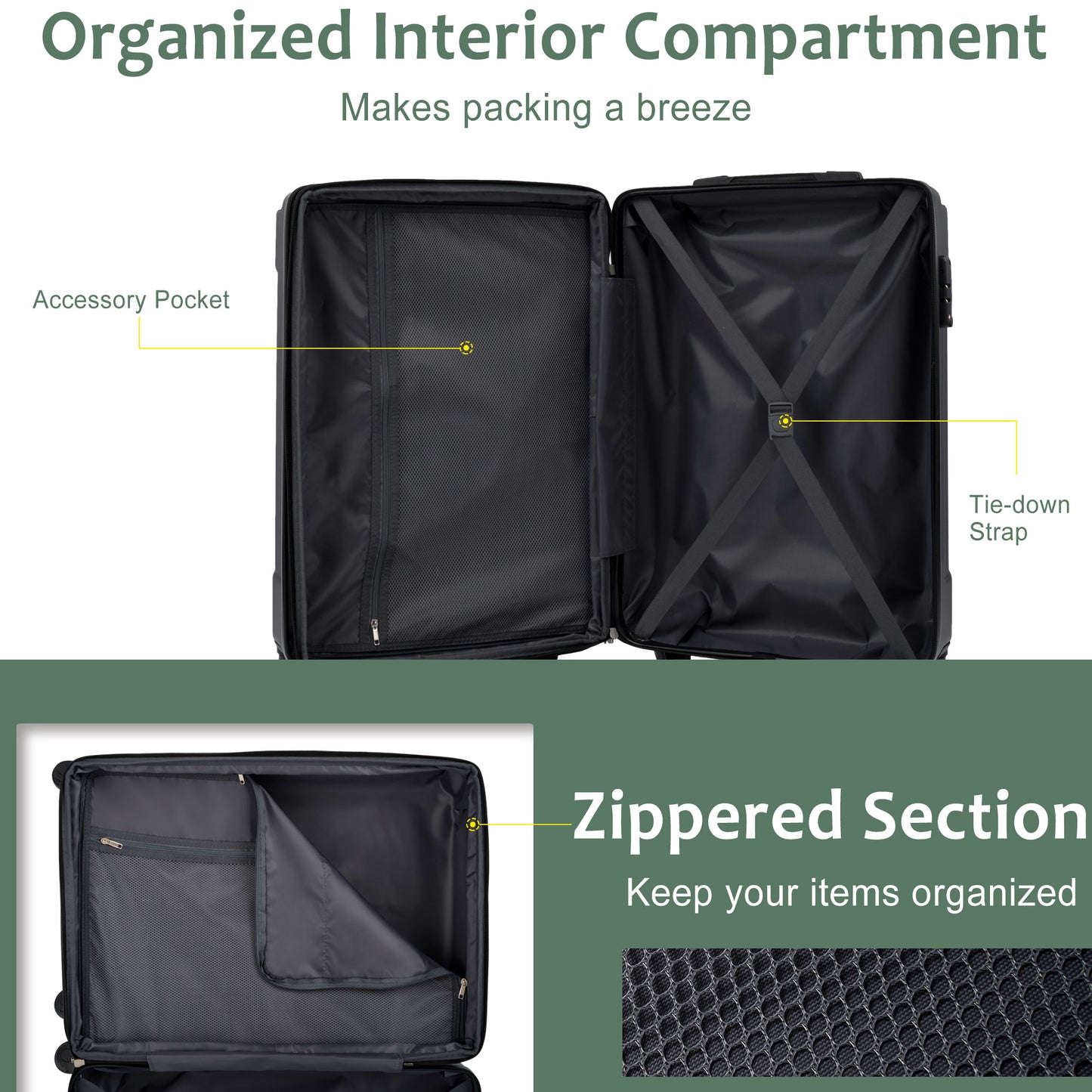Hardshell Luggage, Lightweight Durable ABS Suitcases With Double Wheels, Expandable 28-inch Checked Luggage 28 Green