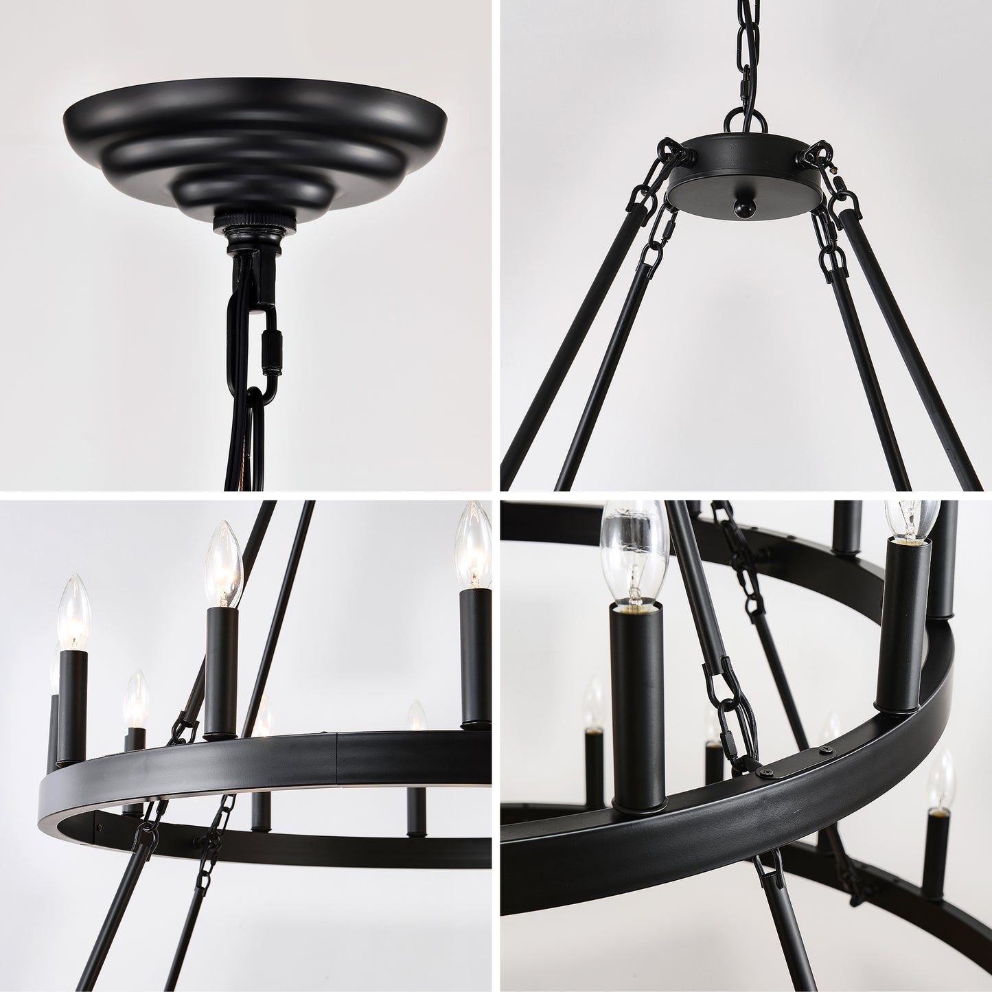 2 Tiers Wagon Wheel Chandelier Wooden Farmhouse 36-Light Black Metal Chandeliers 2-Story Light Fixtures Industrial For High Ceiling Living Dining Room Foyer. Adjustable Height