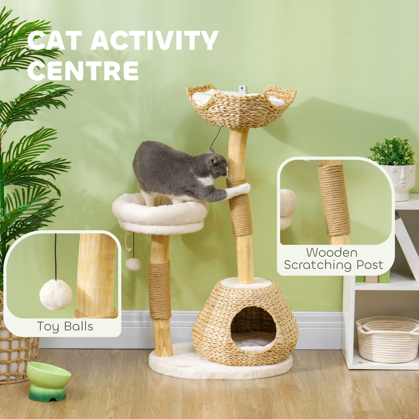 41" Cat Tree For Indoor Cats With Wooden Cat Scratching Posts, Cat Condo, Cat Beds & Toy Balls, Cream White