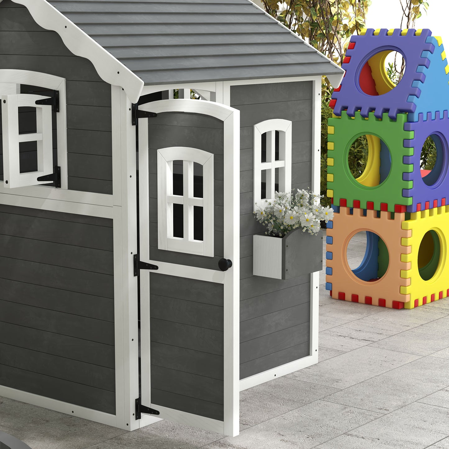 Outdoor Wooden Playhouse for Kids with Floor, Door, Windows, Planter Box for 3-8 Years Old, Backyard, Lawn, Garden