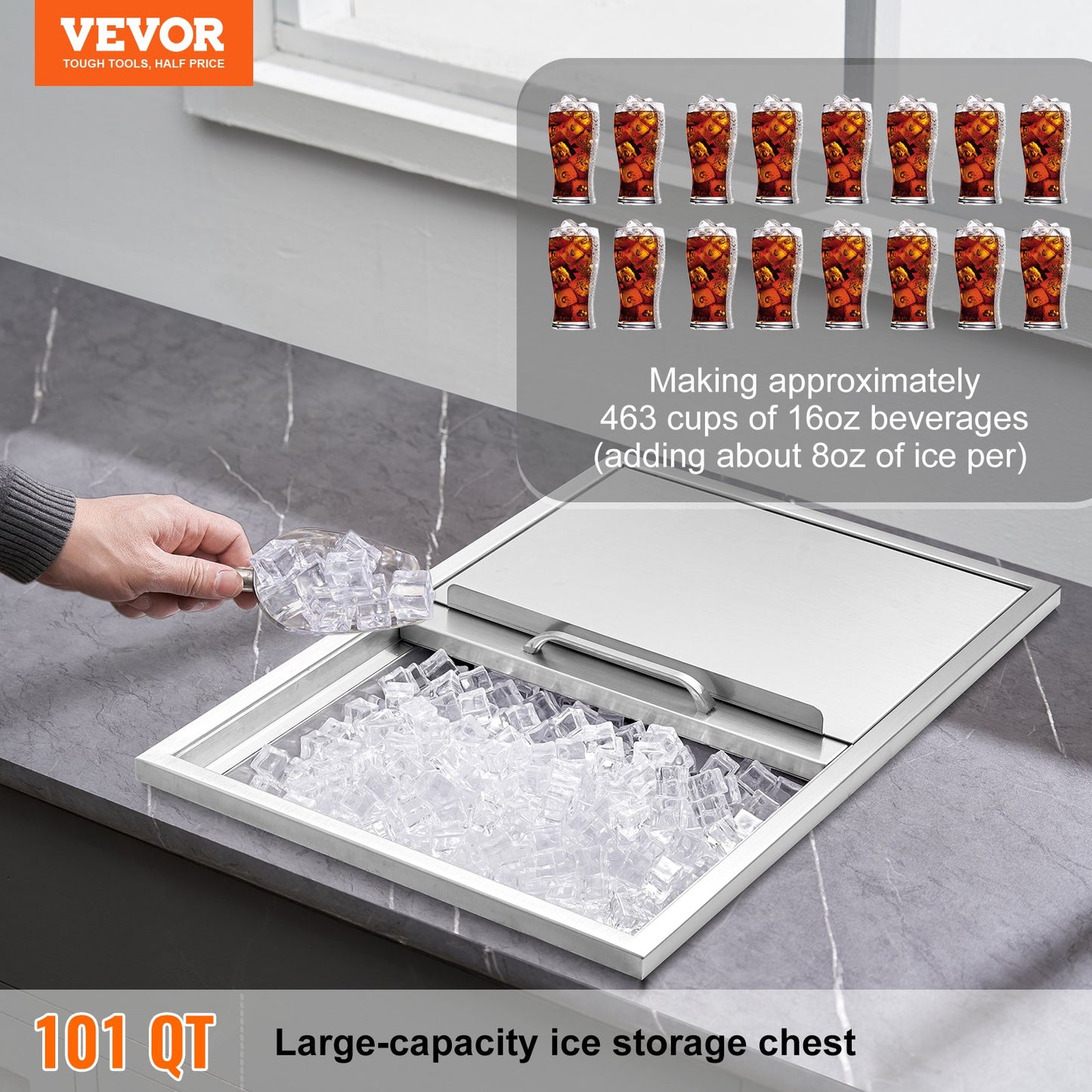 Drop In Ice Chest, 27'L X 18'W X 21'H Stainless Steel Ice Cooler, Commercial Ice Bin With Sliding Cover, 40.9 Qt Outdoor Kitchen Ice Bar, Drain-pipe And Drain Plug Included, For Cold Wine Beer