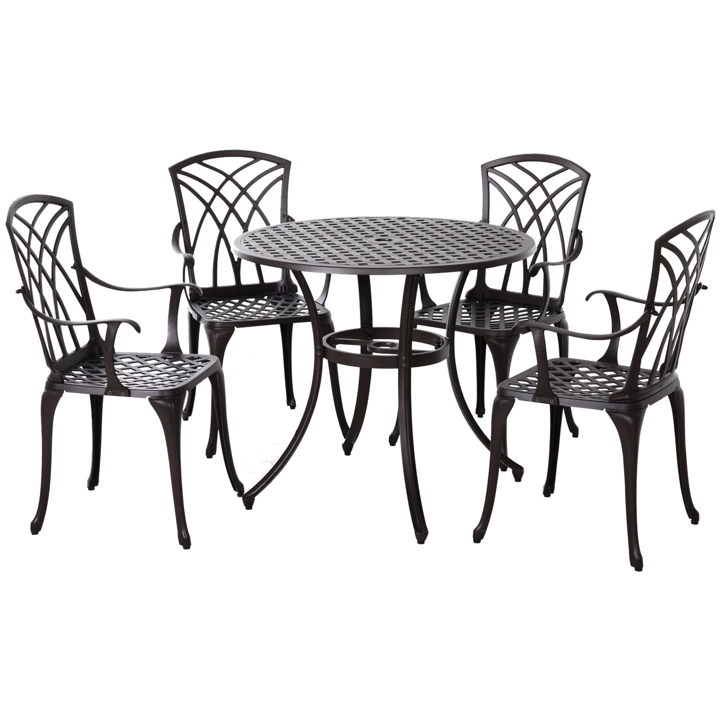 5 Pieces Garden Dining Set For 4, Cast Aluminium Outdoor Dining Set With 4 Armchairs And Round Dining Table With Parasol Hole, Garden Furniture Set, Brown