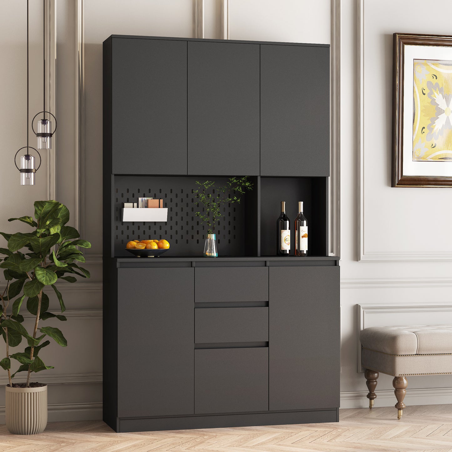 Freestanding Kitchen Pantry Cabinet Cupboard With 6 Doors,3 Shelves And 2 Drawer,Versatile Wardrobe & Kitchen Cabinet,Craft Storage Cabinet,Laundry Room Storage For Kitchen Black