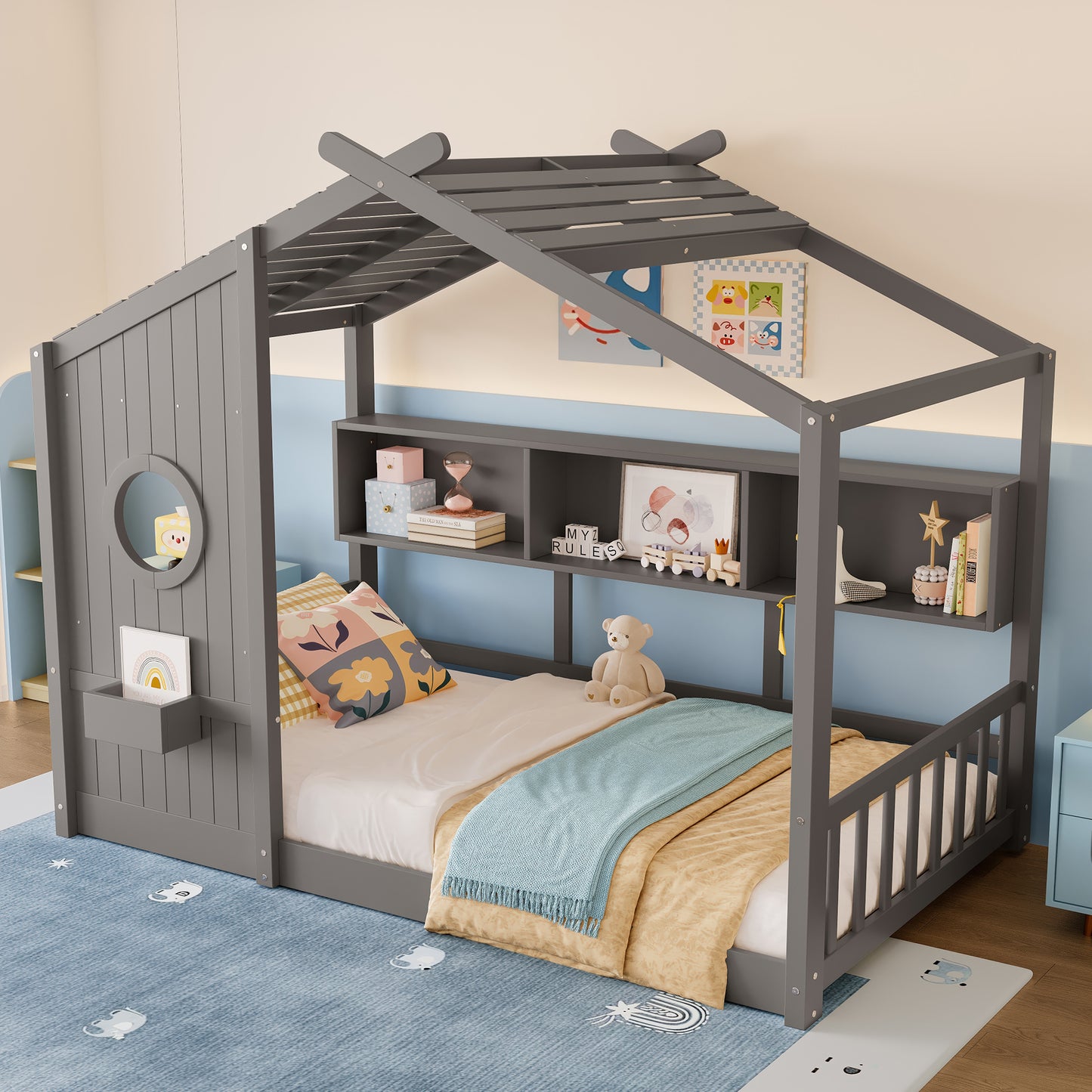 Twin Size Floor House Bed For Toddler, Kids Montessori Bed  With Storage Shelf, Playhouse Bed With Roof Design, Gray