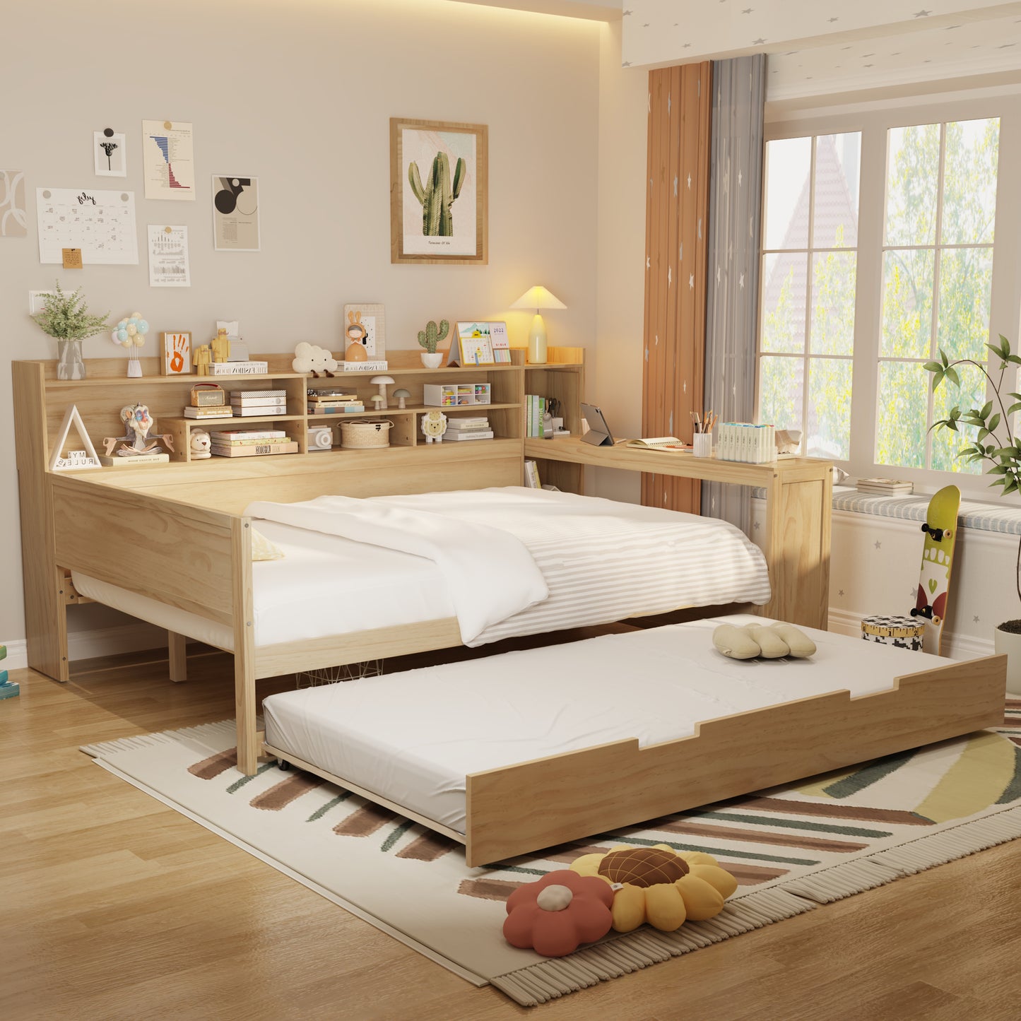 Wooden Full Size Daybed With Storage Shelves, Multi-functional Bed With Twin Size Trundle Bed And  Study Desk, Natural