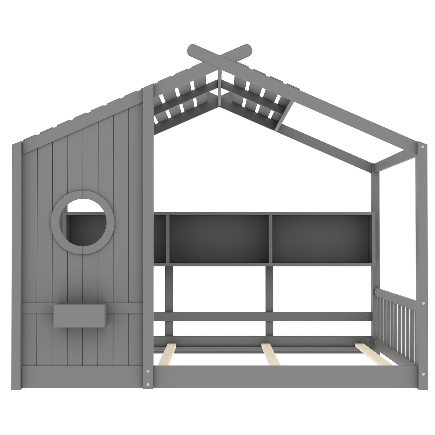 Full Size Floor House Bed For Toddler, Kids Montessori Bed  With Storage Shelf, Playhouse Bed With Roof Design, Gray