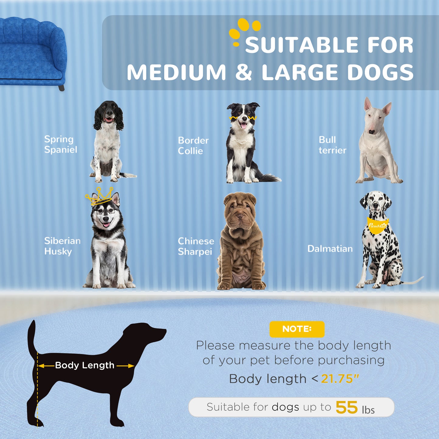 Pearl Design Pet Sofa for Medium and Large Sized Dogs, Pet Bed with Cushion and Solid Wood Legs, Dark Blue