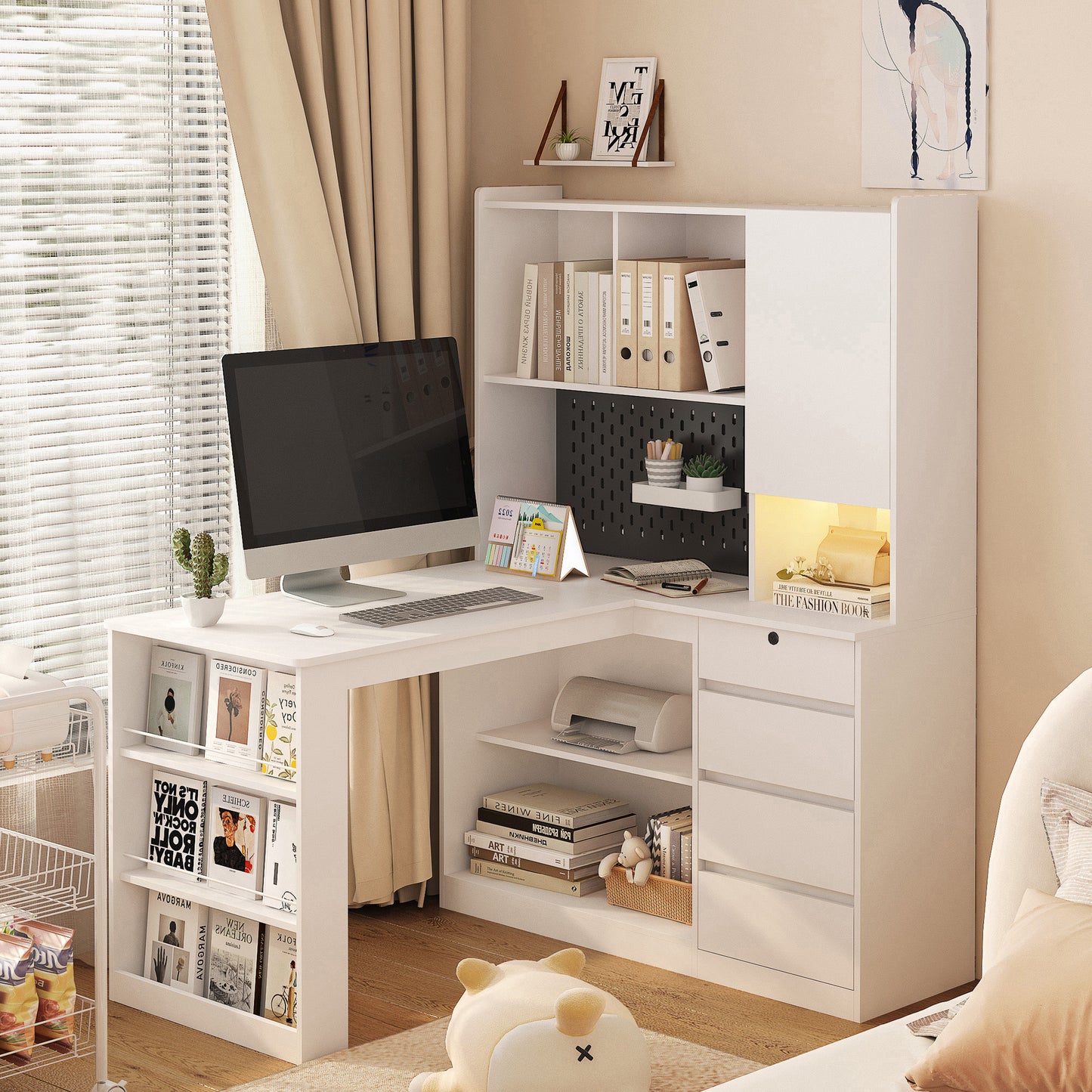 L Shaped Desk With Charger,Computer Desk With Drawers,Bookshelf,with LED Light,Modern Corner Desk,Home Office Desk,L-Shaped Study Table Writing Desk,Corner Gaming Computer Desk With Storage