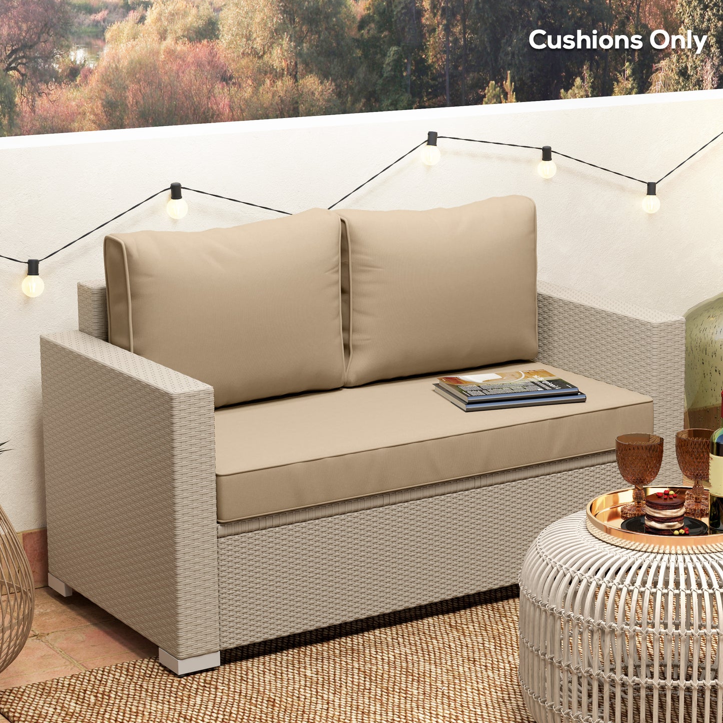 2 Seat Patio Furniture Cushions, 46x26x5 in, Thick Outdoor Loveseat Cushion Set with Removable Cover, Fade-Resistant Replacement Cushions for Outdoor Furniture, Couch, Bench, Swing, Beige