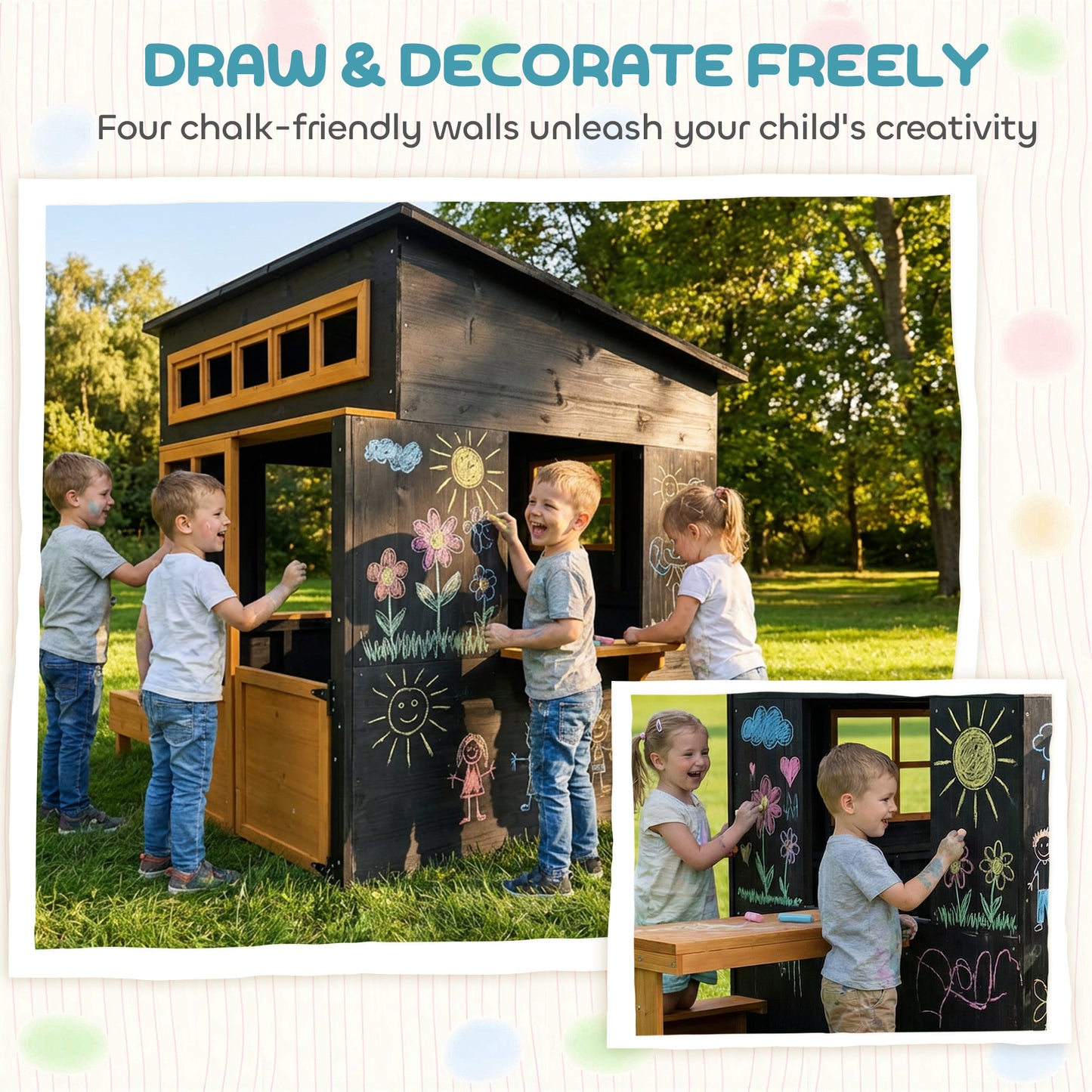 Outdoor Playhouse, Wooden Kids Playhouse w/ Picnic Table & Benches, Chalkboards, Half Door, Windows, for Kids Ages 3-8