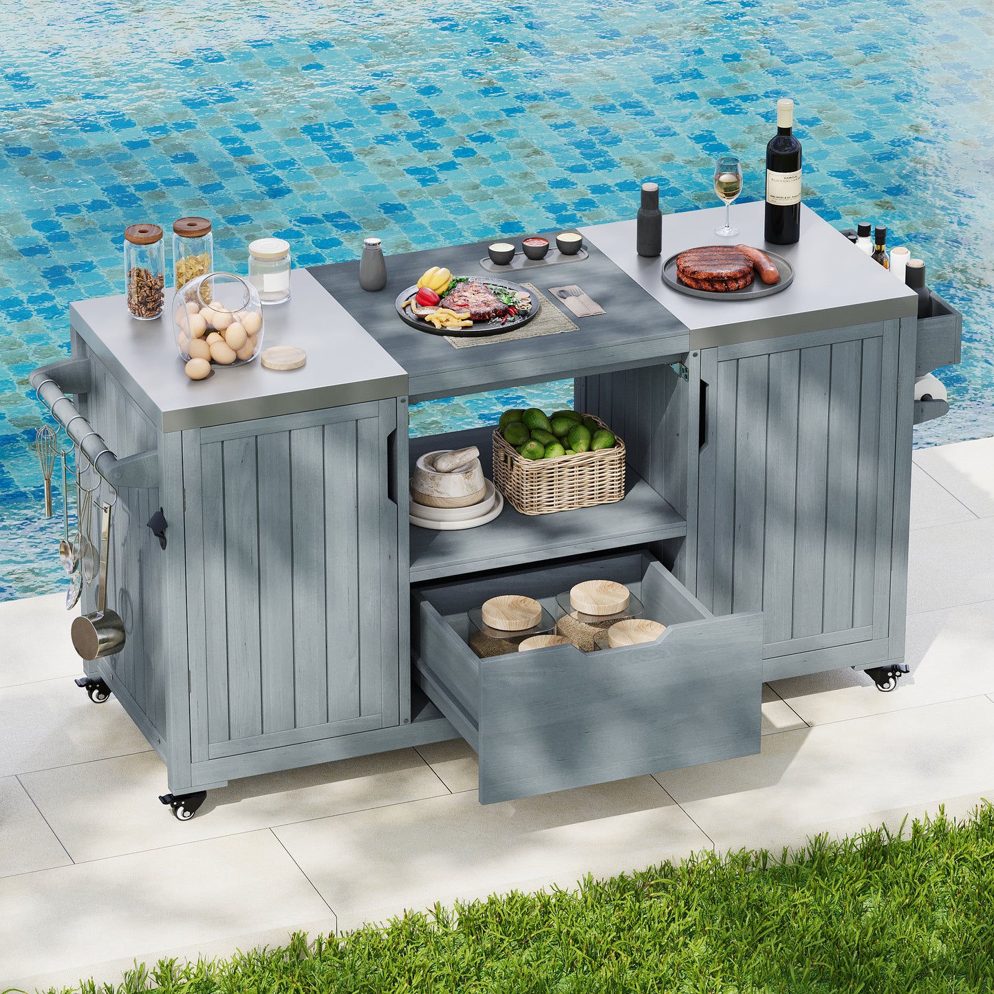 K&K 66.5 Outdoor Kitchen Island, Solid Wood Outdoor Grill Cart, Featuring Stainless Steel Countertop And Drawers, Compatible With Large Green Egg Grill, Carducci Gray And Blue Model