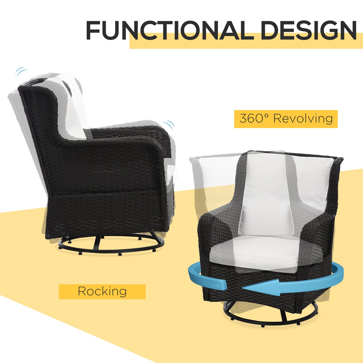 Patio Bistro Set, Porch Furniture with 360° Rotation & Rocking Function, 28.25"x30.75"x36.25", Cream White