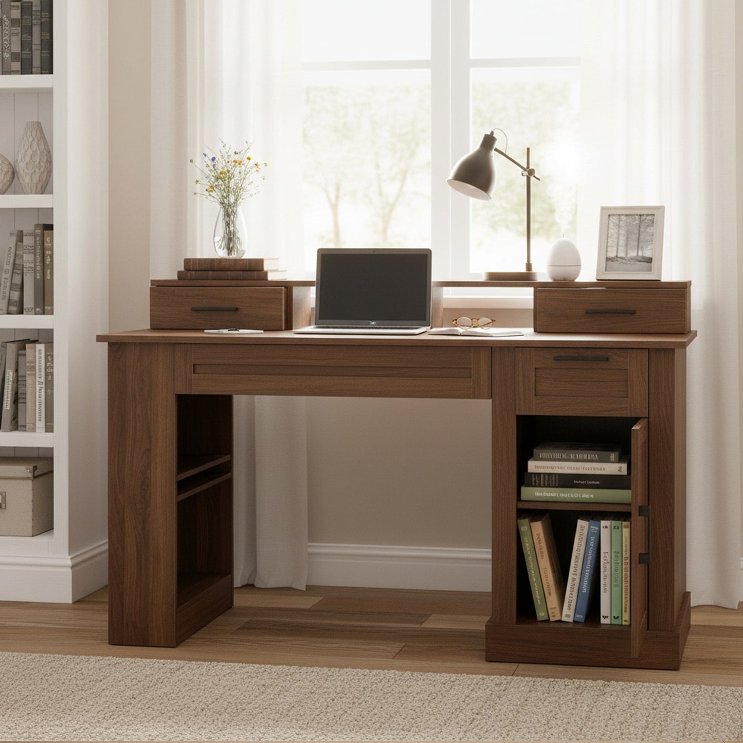55 Farmhouse Office Desk With Storage Cabinet  Charging Station, Barn Door Design Computer Writing Desk With Keyboard Tray, Monitor Stand & Pegboard For Study, Living Room, Home Office, Dark Walnut