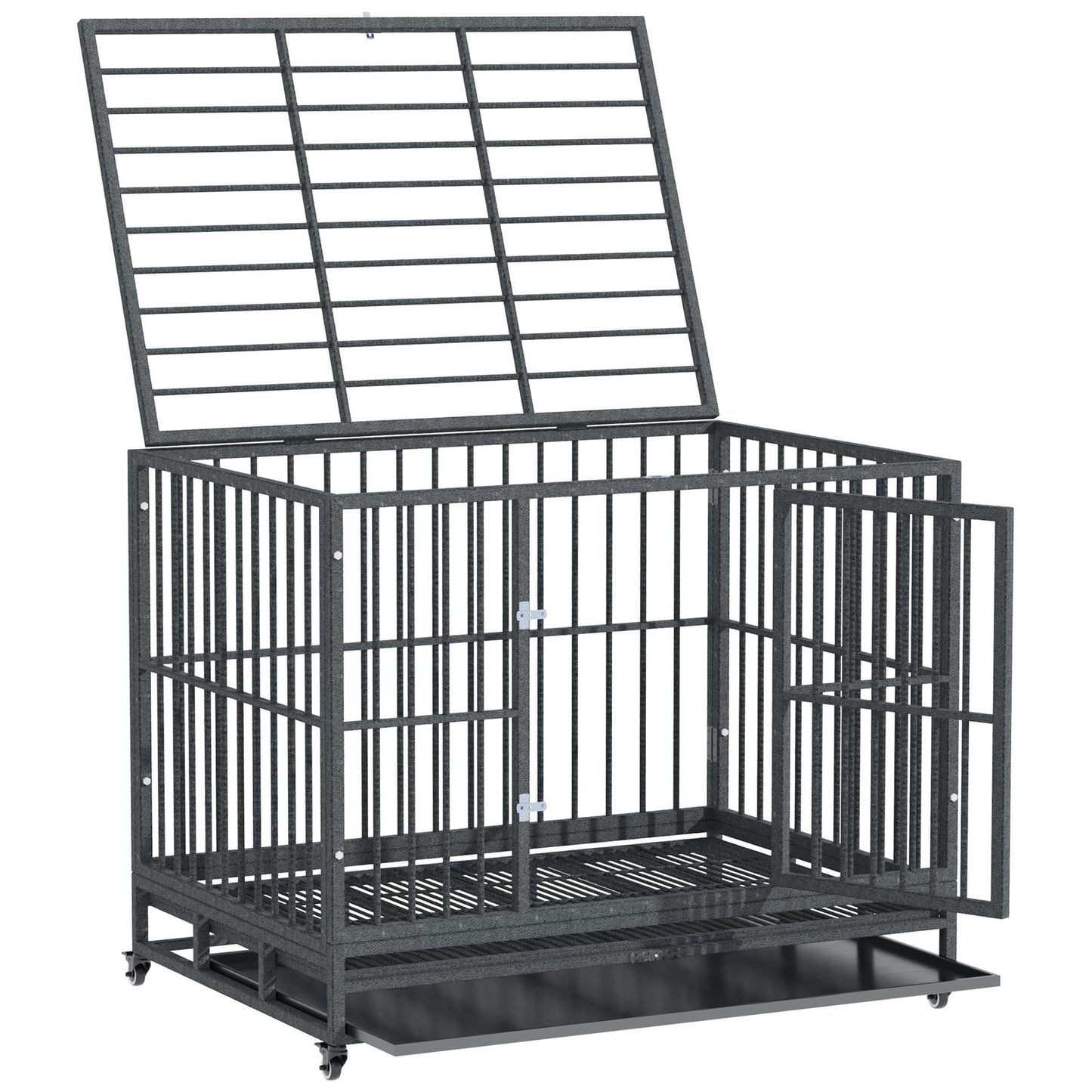 43" Heavy Duty Dog Crate Metal Cage Kennel with Lockable Wheels, Double Door and Removable Tray, Gray