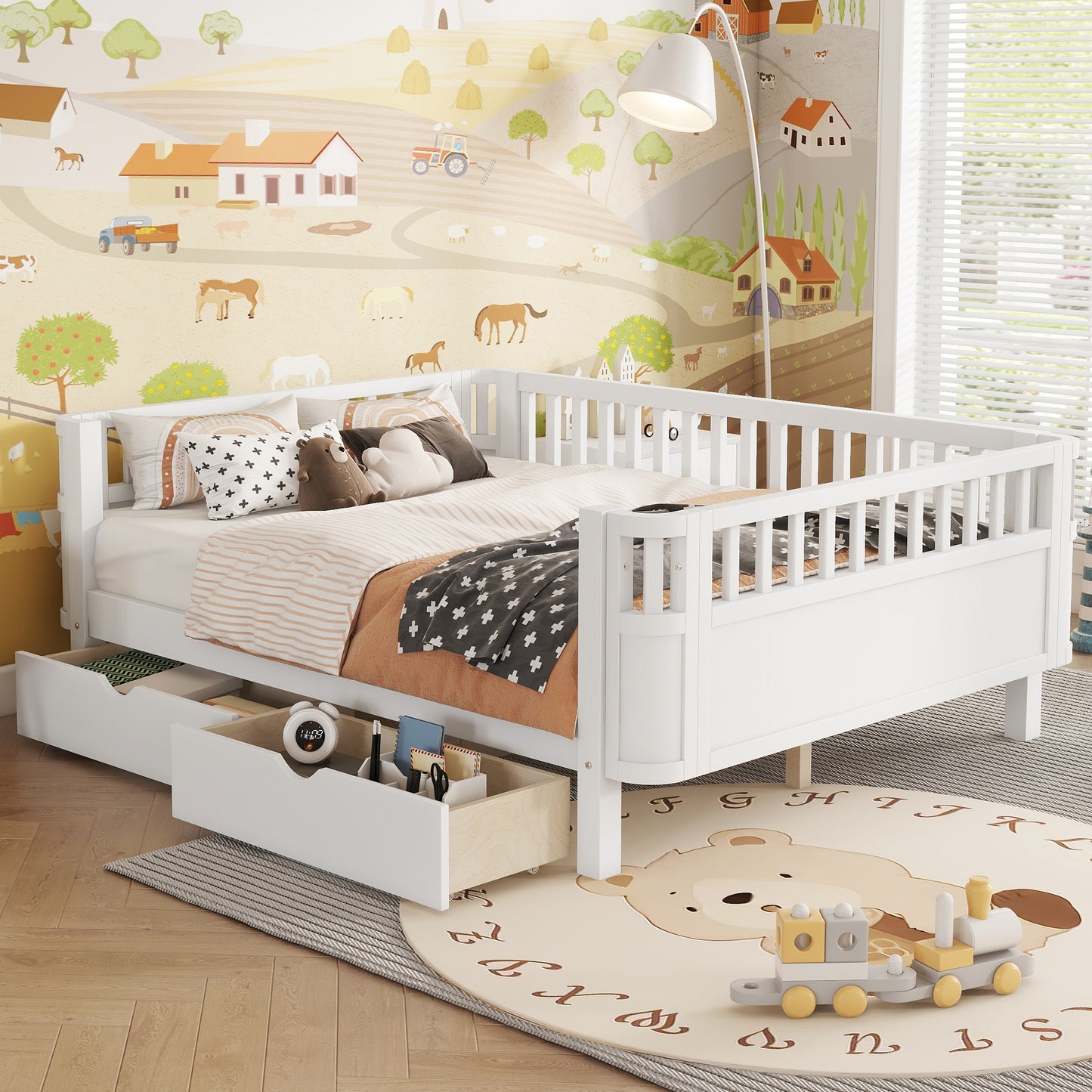Full Size Wood Platform Bed For Kids, Wood Low Profile Full Bed With Rails For Girls And Boys, White Old SKU W2593P331684