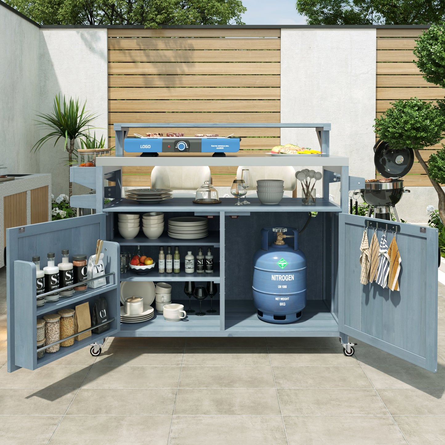 K&K 53.3  Outdoor Kitchen Island With Raised Shelf, Solid Wood Storage Cabinet With Stainless Steel Top, Outdoor Rolling Grill Cart With Internal Storage Rack, Adjustable Shelf, Spice Rack, Grey Blue