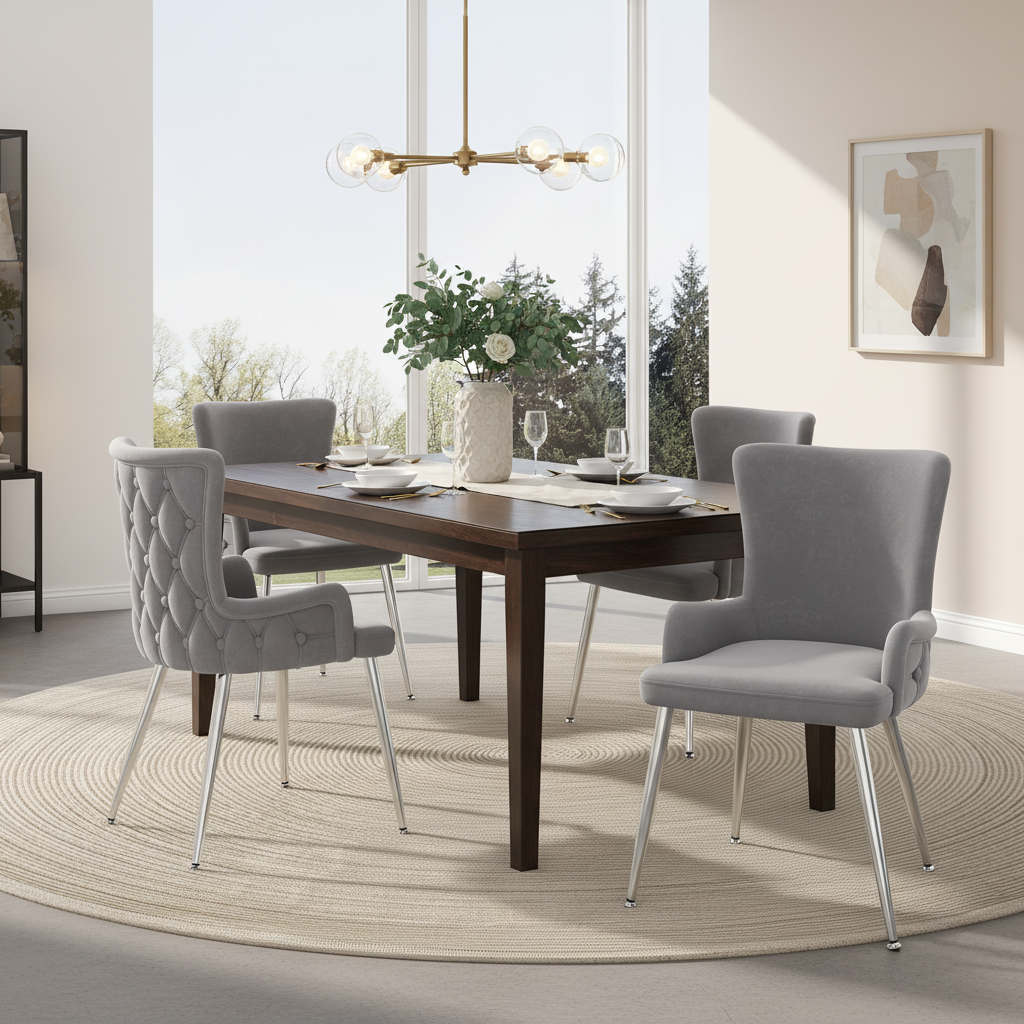 Velvet Dining Chair, Set Of 4, Luxurious Living Room Bedroom Lounge Chair With Four Silver-colored Metal Support Legs, Grey